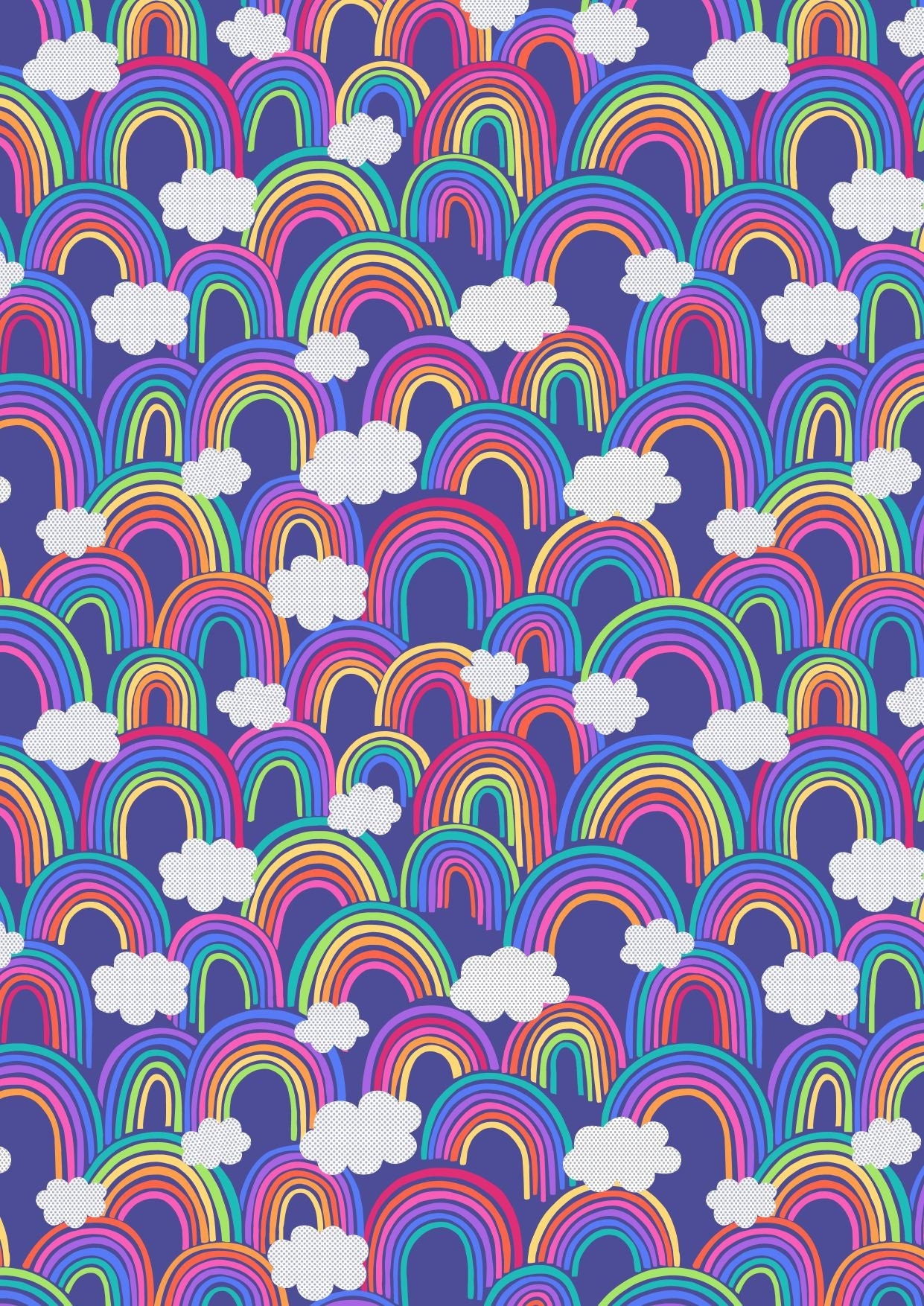 Rainbows and clouds on a blue cotton fabric - Rainbows by Lewis and Irene