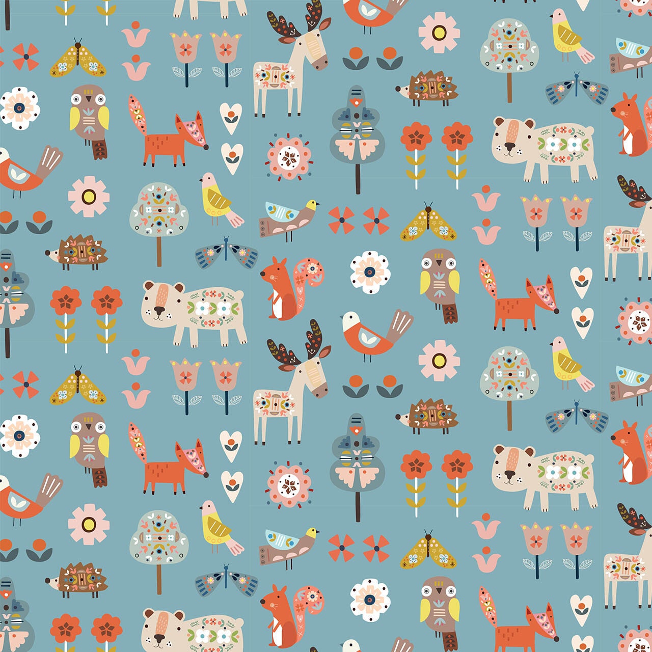 Scandi Nordic bears and birds on pale blue floral 100% cotton quilting fabric - Nordiska by Dashwood Studio