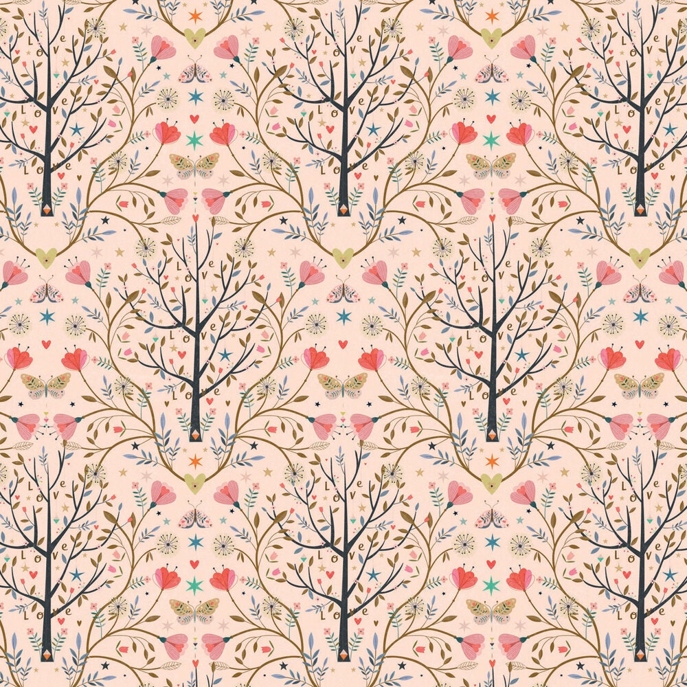 Floral trees and butterflies on a pale pink 100% cotton fabric - Tree of Life by Dashwood Studio