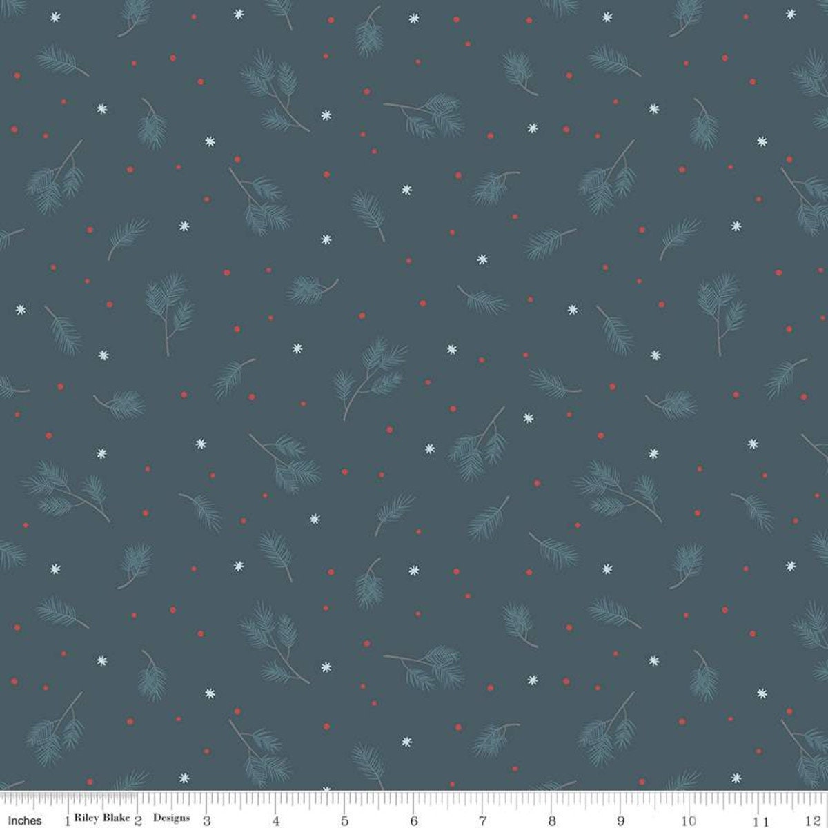 Christmas midnight blue cotton fabric with blue spruce plants and tiny white snowflakes - Winterland by Riley Blake