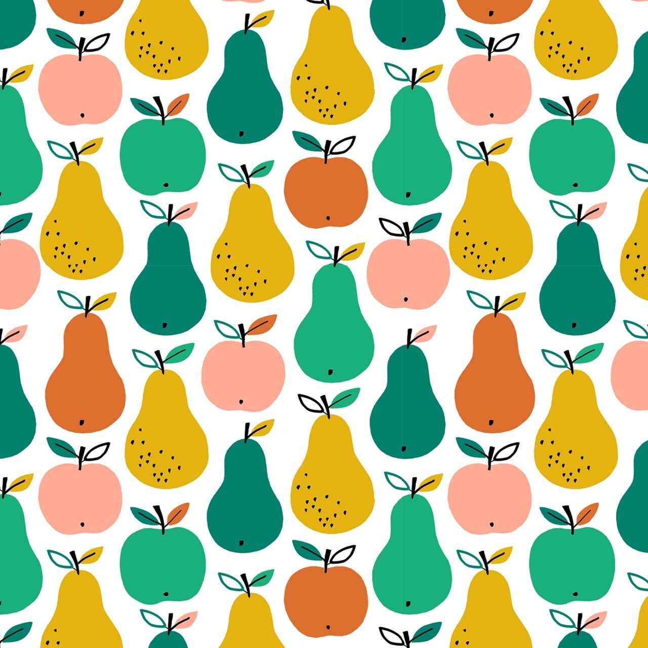 Acorn Wood is from Dashwood Studio, It is a brightly coloured fabric with lots of fruits such as pears and apples. The fabric has a white background and is 100% cotton.. The fabric is 44 inches wide.