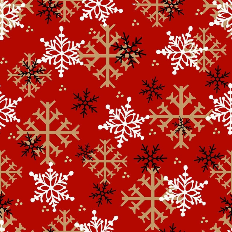 Snowflakes in gold, white and black on winter red cotton fabric - Timber Gnomies by Henry Glass