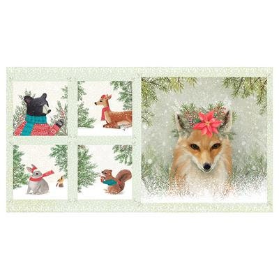 The panel has 5 separate panels, 1 larger panel with a gorgeous fox and on the other side 4 smaller panels with a bear dressed in his Fair Isle jumper a rabbit with his cheeky hat, a deer with a red scarf and a cute squirrel complete with a little jacket, This is a 100% high quality quilting cotton.