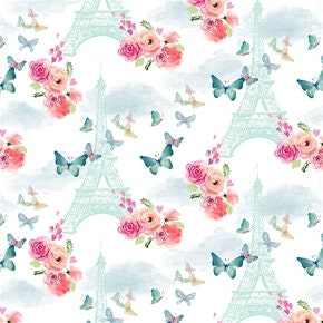 Duck egg blue Eiffel towers, pink flowers and blue butterflies on a white cotton fabric. Love is in the Air by Blank Quilting