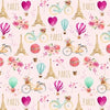 Blue Eiffel Tower clouds pink flowers butterflies on white cotton - Love is in the air by Blank