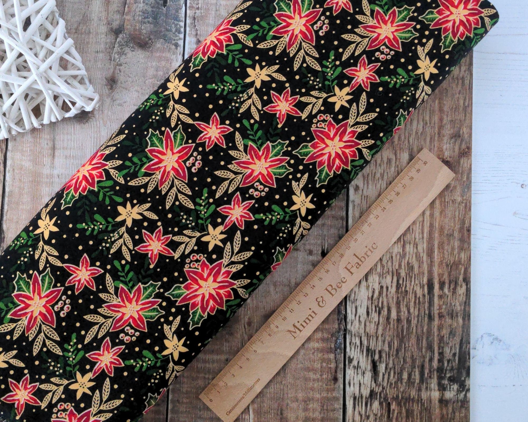 Winter floral holly and poinsettia with metallic gold on black 100% cotton - 2806-01 CraftCottonCo