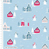 Winter village with little houses and snowmen wrapped up in woolly hats and scarfs on sky blue 100% cotton fabric.