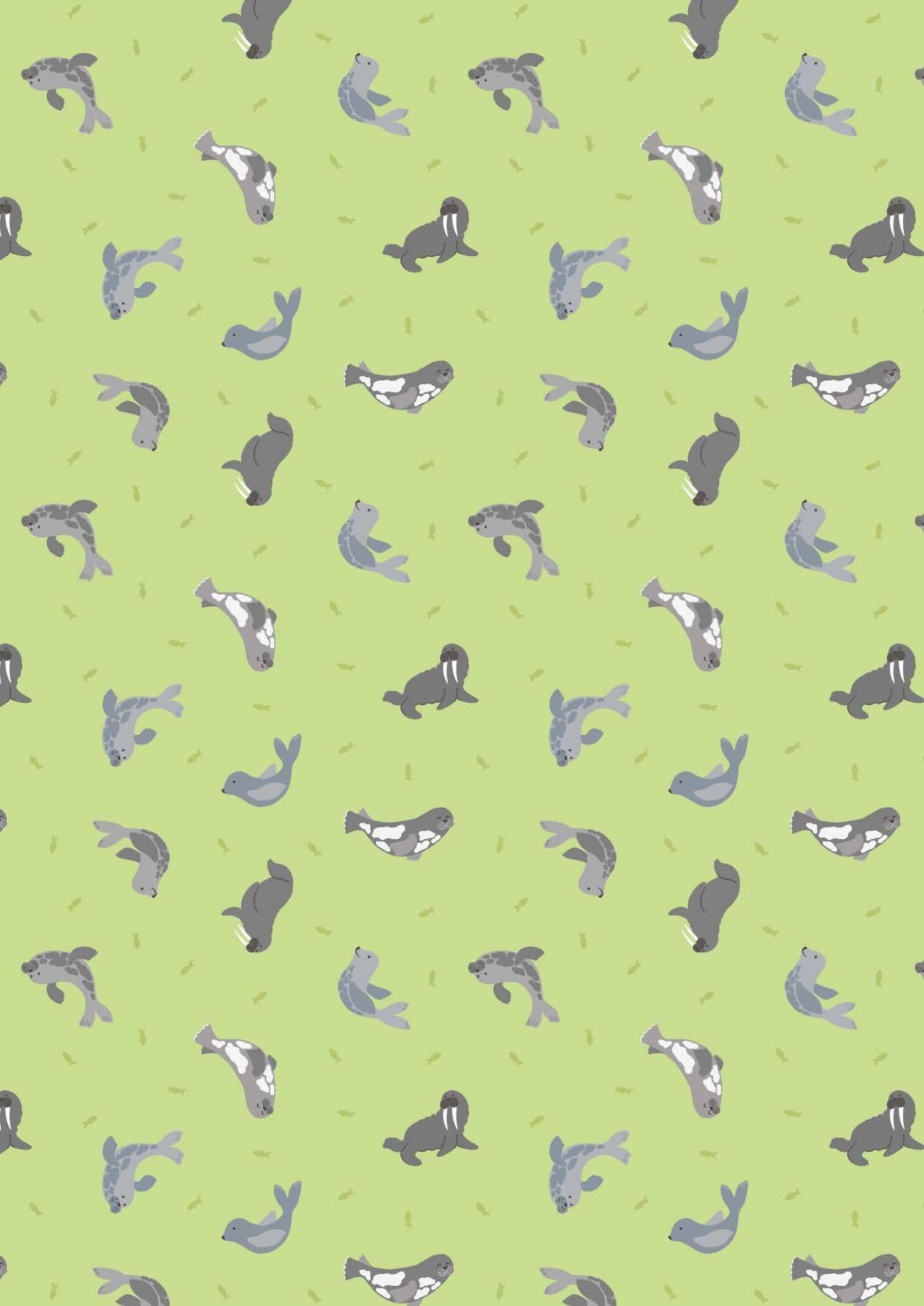 Grey Seals on lime green cotton fabric - Polar Animals by Lewis and Irene