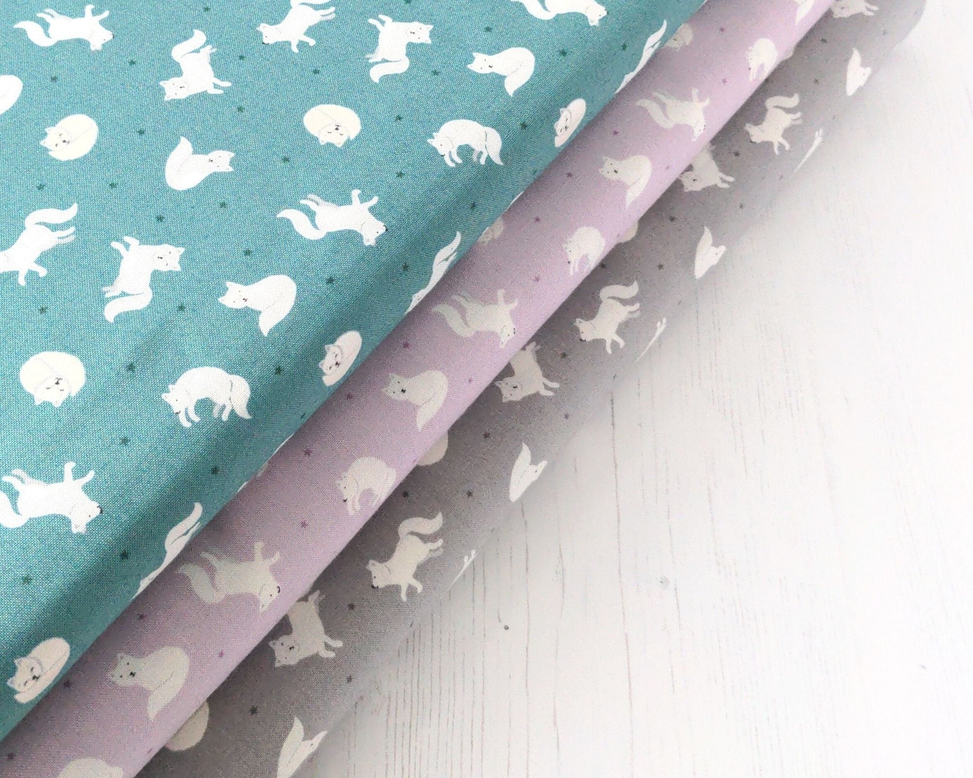 Arctic fox on silver grey with pearl on cotton fabric - 'Polar Animals' Lewis & Irene