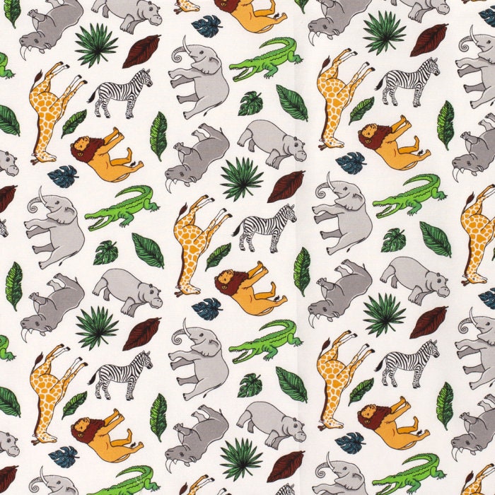 Life like safari animals, such as zebras and rhinos on a white 100% wide cotton fabric 