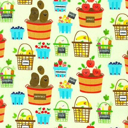 Happy Egg Basket on Light Green cotton fabric - Farm to Table by Robert Kaufman