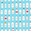 Happy Milk Bottles with smiling faces on Bright Blue cotton fabric - Farm to Table by Robert Kaufman