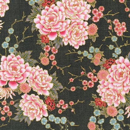 Coral red floral Japanese style cotton fabric with gold - Robert Kaufman