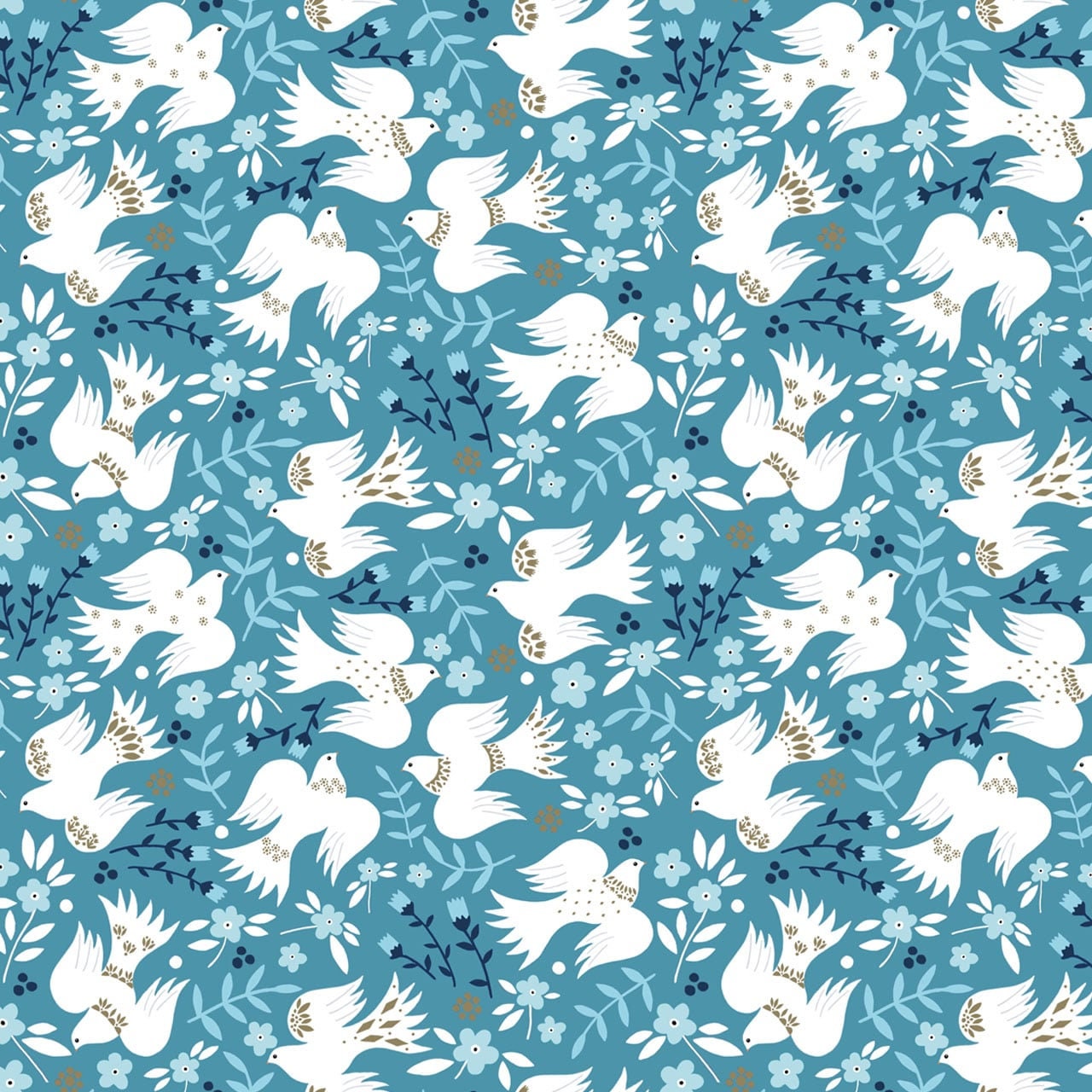 White Christmas doves on a blue floral cotton fabric - Starlit Hollow by Dashwood Studio