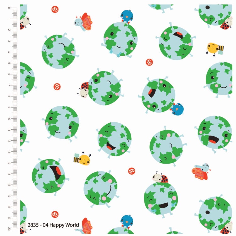 Fisher Price planets with smiley faces. There are bees and ladybirds on white cotton fabric - Craft Cotton Company