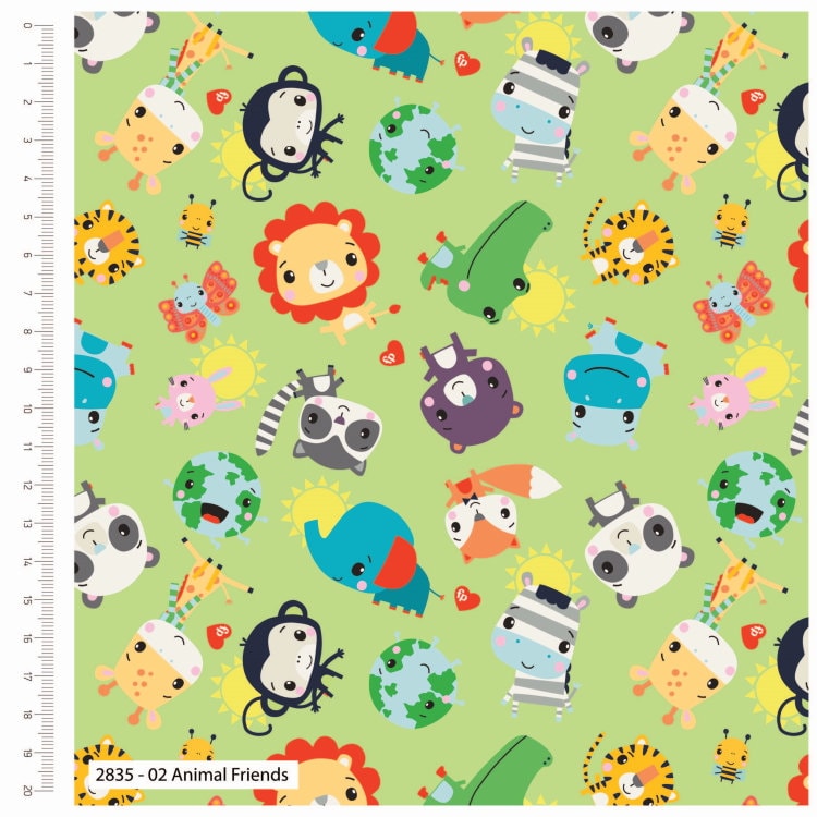 Brightly coloured Fisher Price animals on a light green fabric - Craft Cotton Company