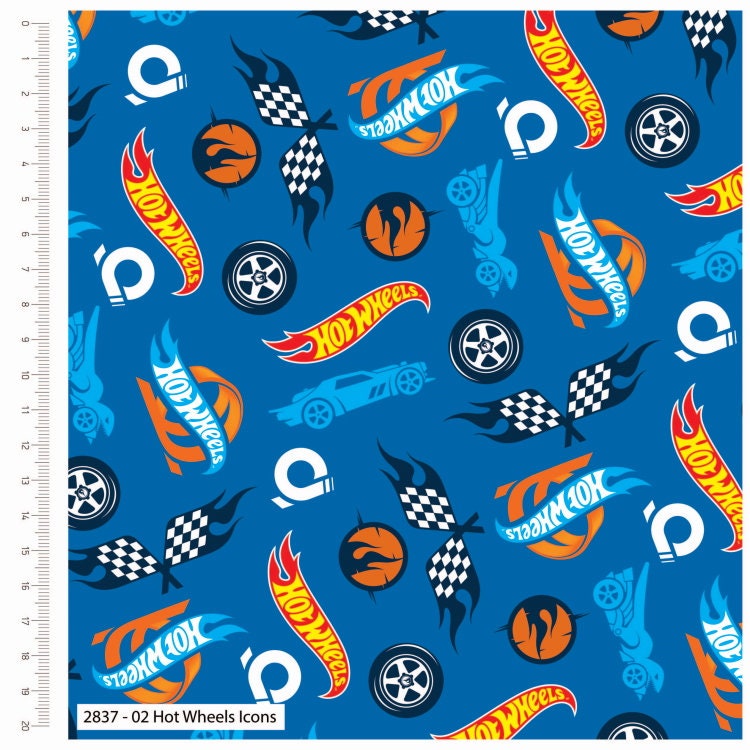 Hot Wheels Racing on white cotton fabric - TheCraftCottonCo