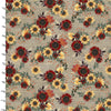 Autumnal yellow and red flowers on a dark beige cotton fabric that has a wood effect by 3 Wishes.