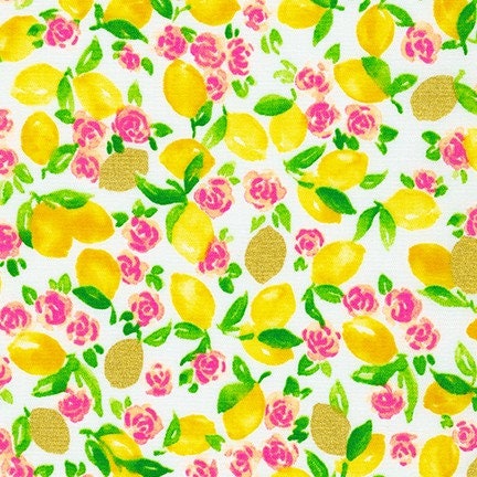 Lemons and deep pink roses on a white cotton fabric - Rose Lemonade by Robert Kaufman
