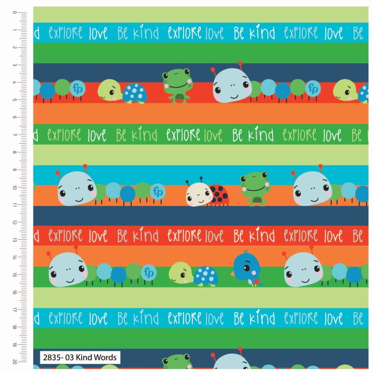 Fisher Price brightly coloured striped fabric with kind words such as be kind and love - Craft Cotton Company 