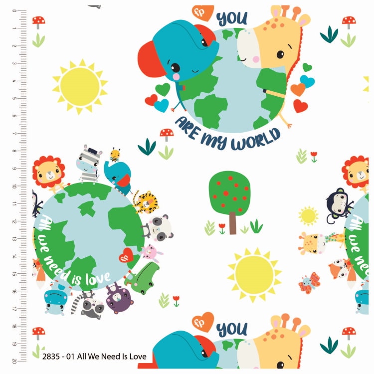 elephants, giraffes and other animals around around a planet - All we need is love by CraftCottonCo.