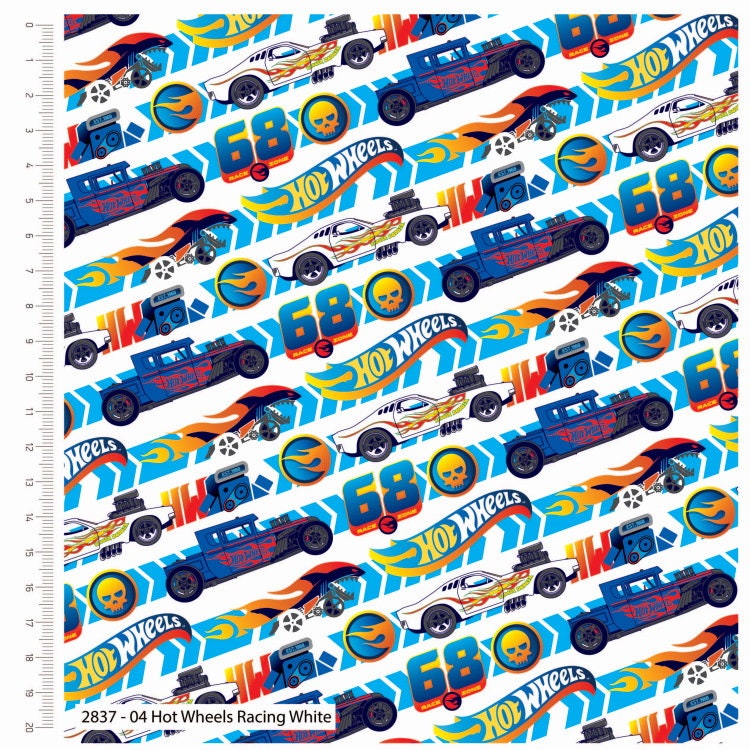 Hot wheels logo and classic hot wheels cars on a white cotton fabric by Craft Cotton Co