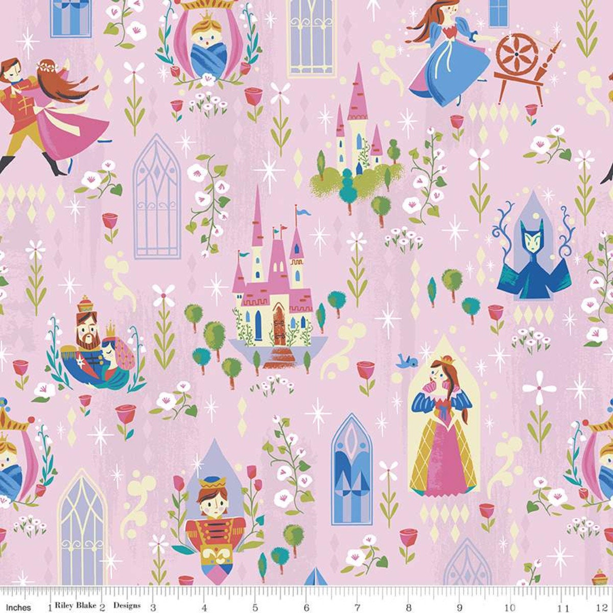 Teal king and queen crowns cotton fabric - 'Little Briar Rose' Riley Blake