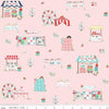 pink fabric with scenes of the quilt fair by Riley Blake