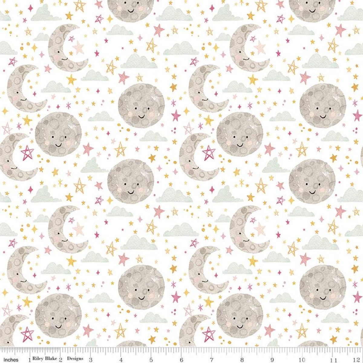 Mooon and crescent moon on white cotton flannel
