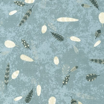 Bird feathers on a grey and pale blue cotton fabric by Robert Kaufman