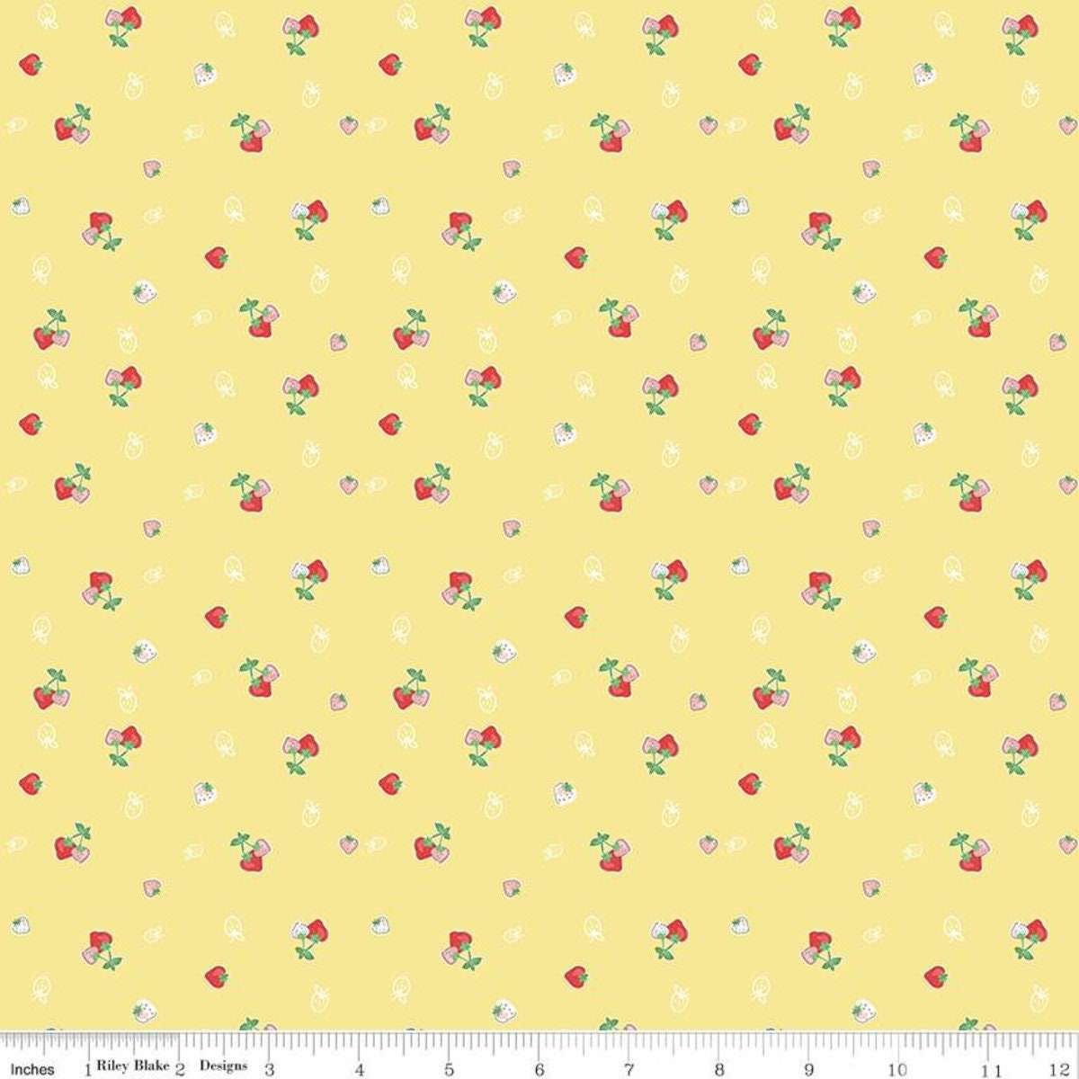 Ditsy strawberries on yellow cotton fabric - Quilt Fair by Riley BLake