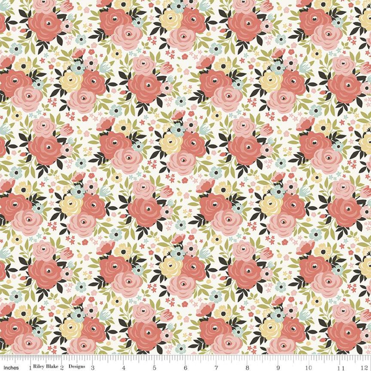 Coral and yellow flowers on cream 100% cotton - Joy in the Journey by Riley Blake fabric 