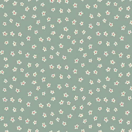 tiny white daisies with orange centres on a blue green cotton fabric - Market Garden by Henry Glass