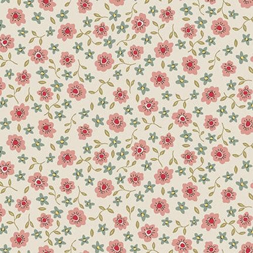 rose pink flowers with red centres and leaves on a cream cotton fabric - Market Garden - Henry Glass