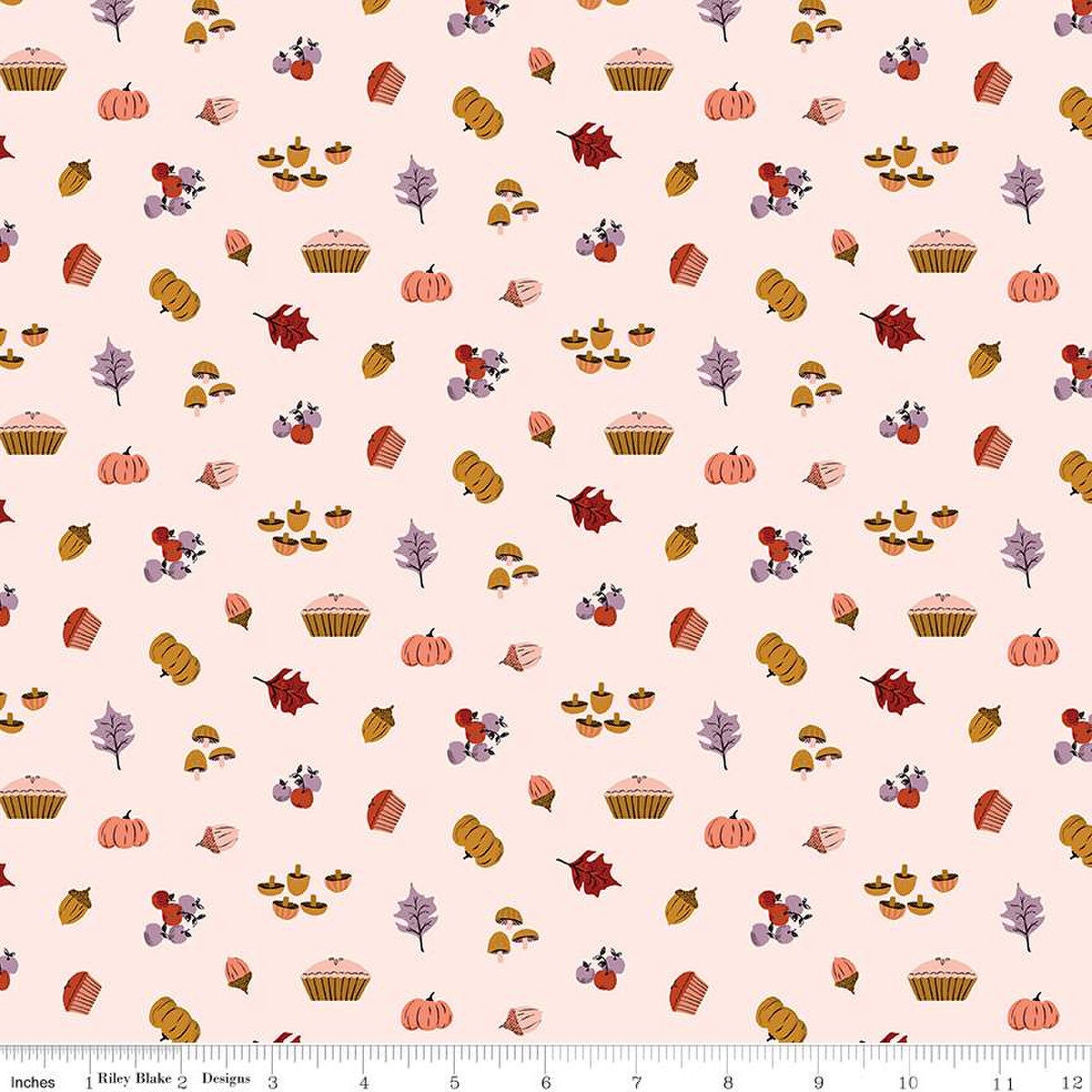 Pumpkins and leaves on coral cotton fabric - Maple - Riley Blake