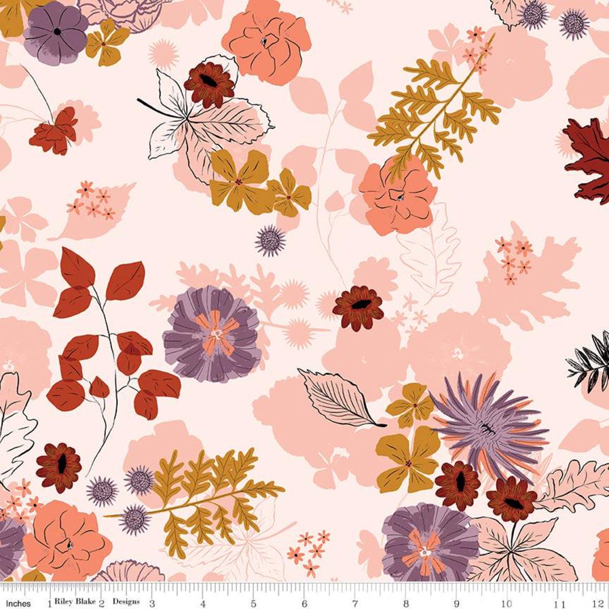 Pumpkins and leaves on coral cotton fabric - Maple - Riley Blake