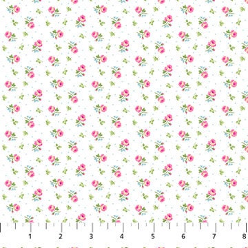 Vintage style pink roses on a pale blue polka dot fabric - Tea for Two - Northcott
