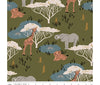 elephants, lions and giraffes at the watering hole on khaki cotton fabric - The Waterhole by Riley Blake