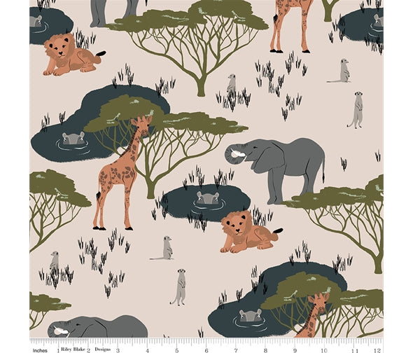 Safari animals khaki green cotton fabric - The Waterhole by Riley Blake