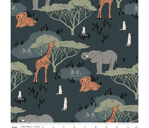 Safari animals khaki green cotton fabric - The Waterhole by Riley Blake