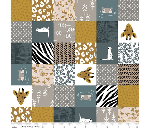 Safari animals khaki green cotton fabric - The Waterhole by Riley Blake