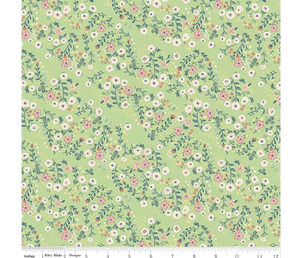 Sweet peas on light green cotton fabric - Little Women by Riley Blake