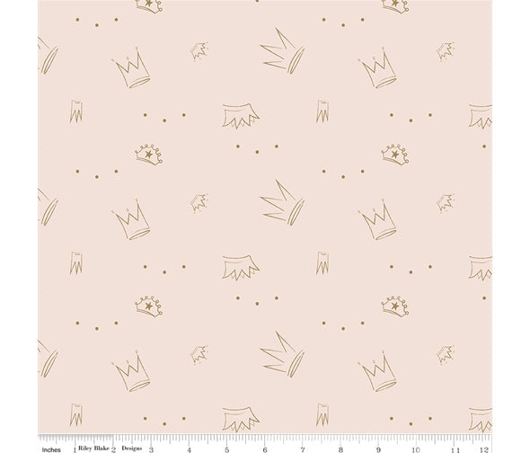 A gorgeous peach 100% cotton fabric with gold ballerina crowns. There are tiny little gold stars too. This fabric is from the Spin & Twirl collectin by Riley Blake. The fabric is 112 wide and is sold by half metre.