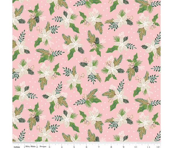 Christmas poinsettia on pink cotton fabric - Riley Blake