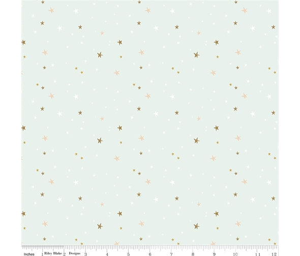 A mint green fabric with gold, pink and white stars. It is from the Spin & Twirl collection by Riley Blake, perfect for little girls!