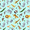 Zoo animals from around the world on aqua blue cotton fabric - Ticket to the Zoo - Clothworks