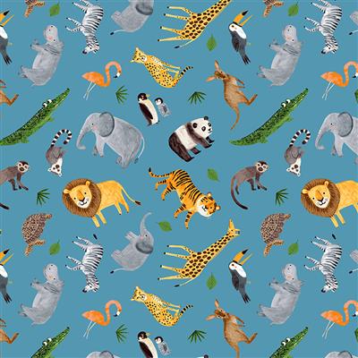 Zoo animals on aqua blue cotton fabric - Ticket to the Zoo - Clothworks