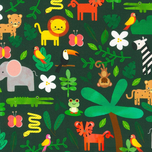 fabric Jungle animals on black cotton fabric - Rainforest Friends - Robert Kaufman