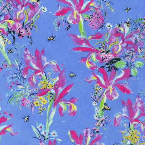 fabric Large pink flowers and bees on purple cotton fabric - Bee Free by Robert Kaufman