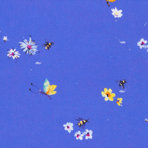 fabric Large pink flowers and bees on purple cotton fabric - Bee Free by Robert Kaufman